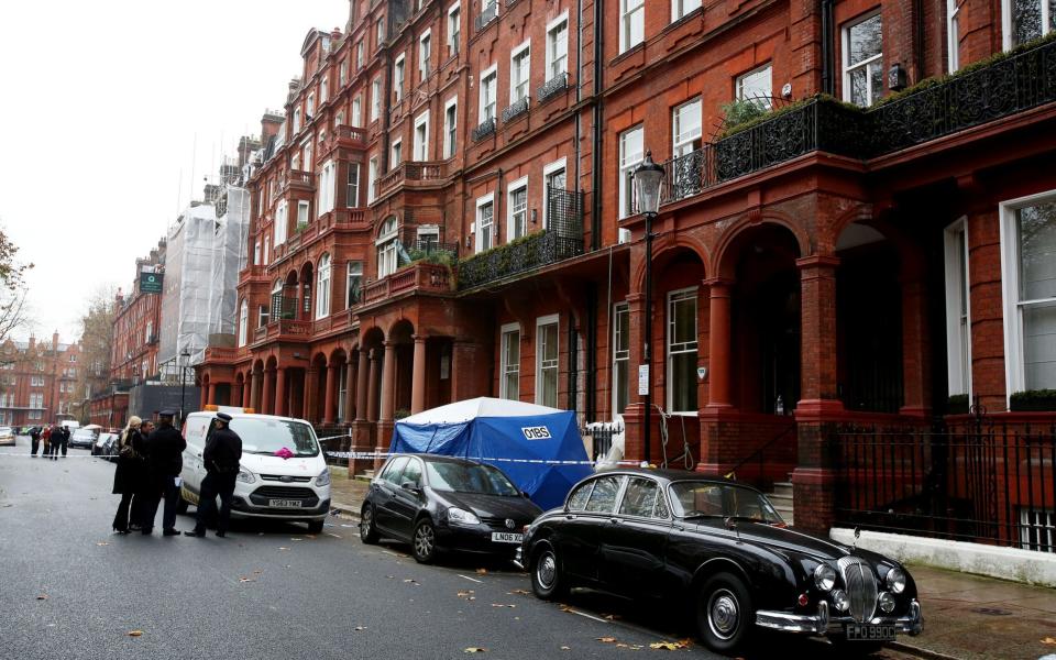 The scene outside the property in Cadogan Square in Chelsea, south west London, after the men fell to their deaths  - Credit: Clara Molden