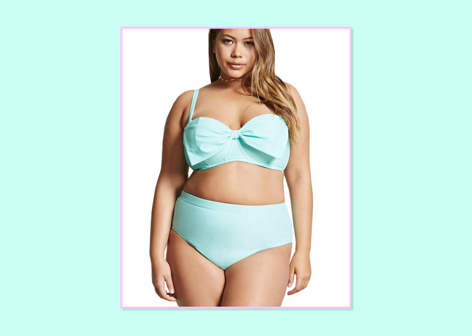 <p><a rel="nofollow noopener" href="http://www.forever21.com/Product/Product.aspx?br=PLUS&category=plus_size-main&productid=2000209613" target="_blank" data-ylk="slk:Top;elm:context_link;itc:0;sec:content-canvas" class="link ">Top</a>, $19.90, and <a rel="nofollow noopener" href="http://www.forever21.com/Product/Product.aspx?BR=plus&Category=plus_size-swimwear&ProductID=2000209622&VariantID=" target="_blank" data-ylk="slk:bottom;elm:context_link;itc:0;sec:content-canvas" class="link ">bottom</a>, $17.90; Forever 21. </p>