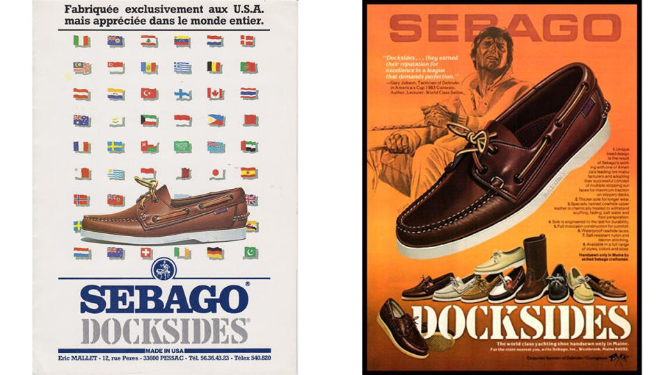 Sebago dug back into its archives to reimagine its Docksides boat shoes for a new audience. The ads above are from 1989 (at left) and 1993.