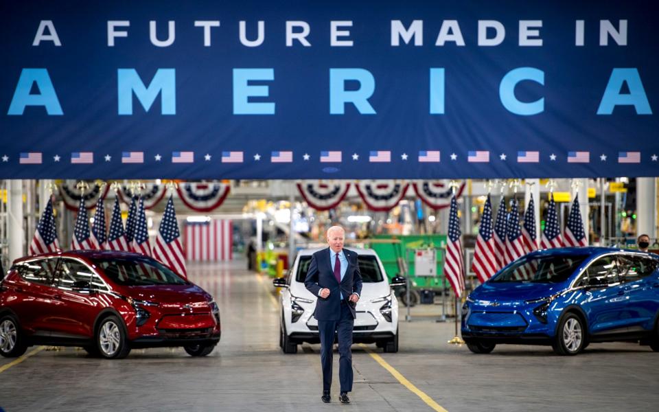 President Joe Biden arrives at the General Motors Factory Zero electric vehicle assembly plant on November 17 in Detroit, Michigan