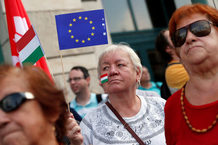 A woman attends a demonstration against Hungary's Prime Minister Viktor Orban in Budapest, Hungary, September 16, 2018. REUTERS/Bernadett Szabo