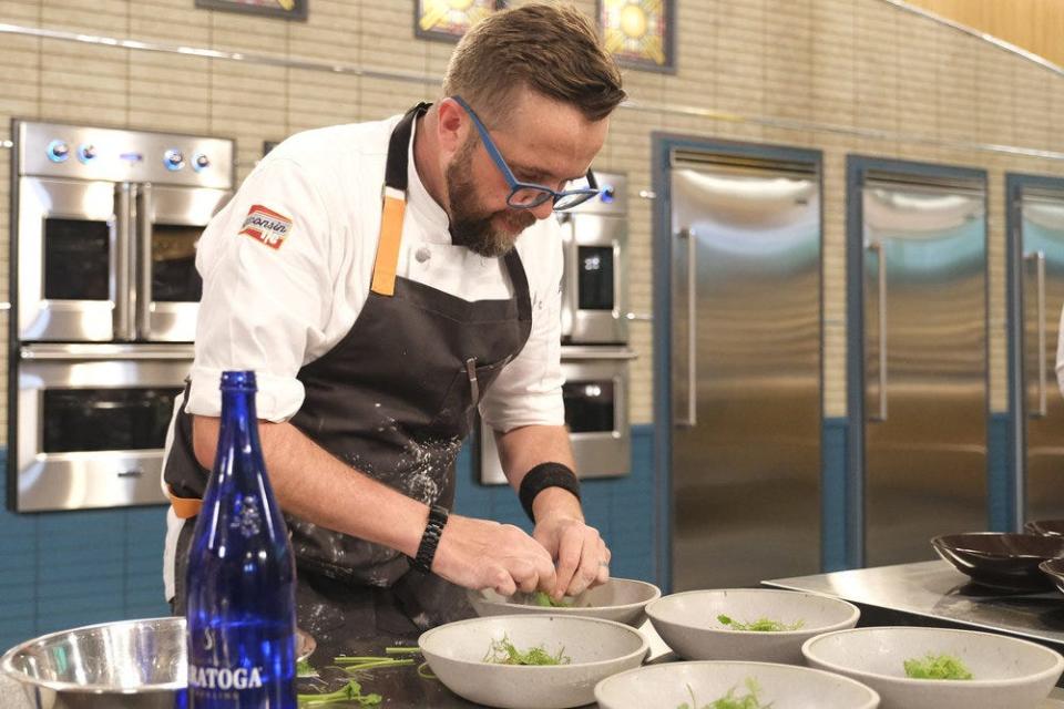 Milwaukee chef Dan Jacobs used four parts of a sunflower plant to create his sunflower choke with braised goose and aronia berry puree for the Elimination Challenge on Episode 9 of "Top Chef: Wisconsin."