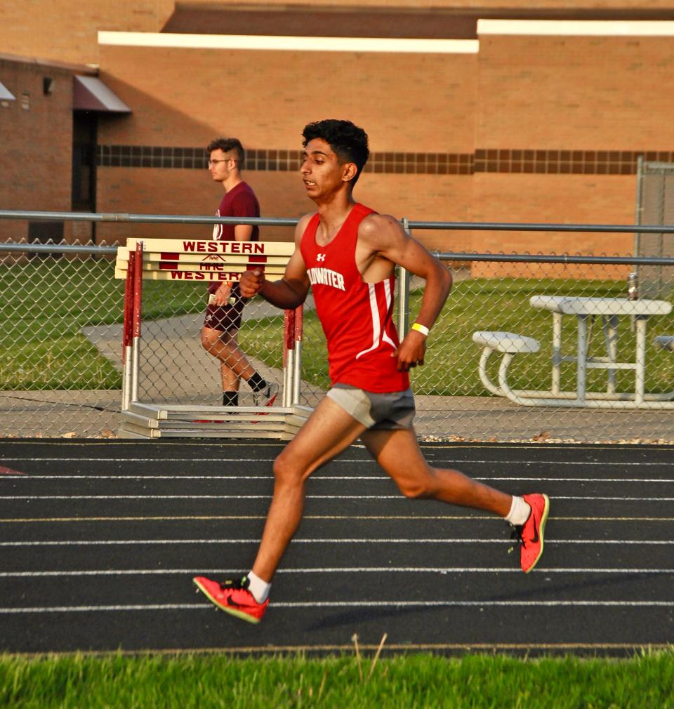 Coldwater's Haroon Omar brought home first place honors in the 3200 meter run Monday at Parma Western