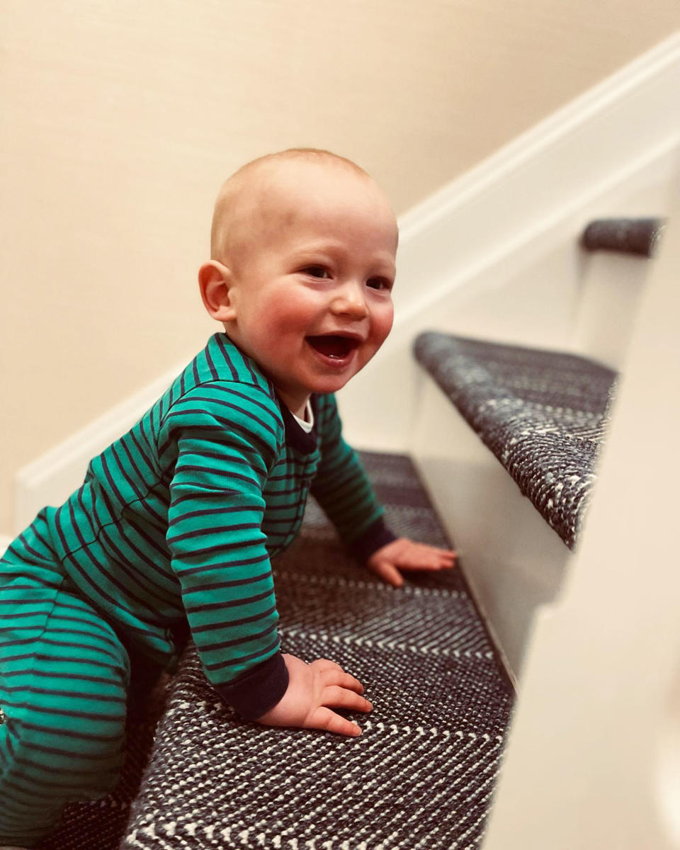 And he's off! Rusty takes on the stairs. (@dylandreyernbc via Instagram)