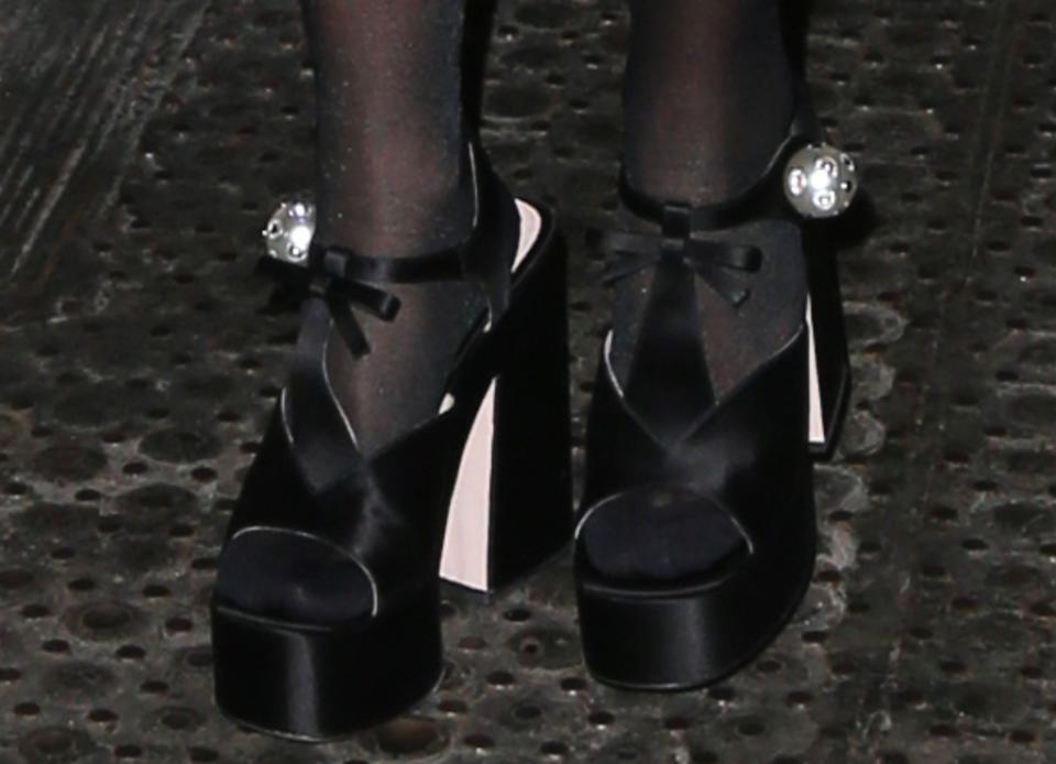 rita ora shoe style, Miu Miu Satin Platform T-Strap Sandals