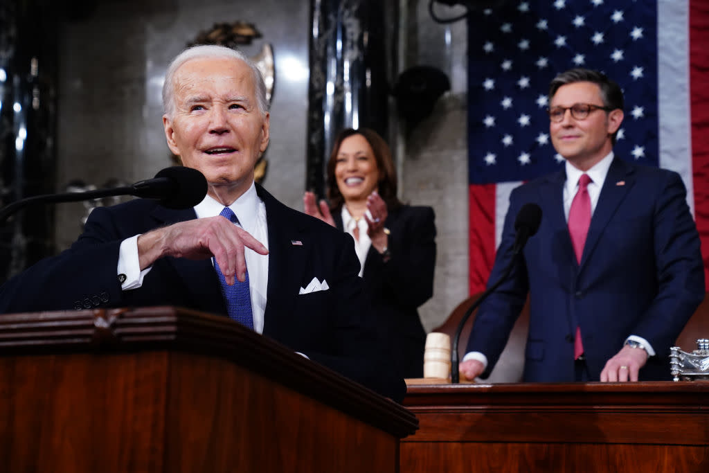 President Joe Biden delivers a State of the Union address at the Capitol in Washington on Thursday, March 7, 2024.<span class="copyright">Shawn Thew—EPA/Bloomberg/Getty Images</span>