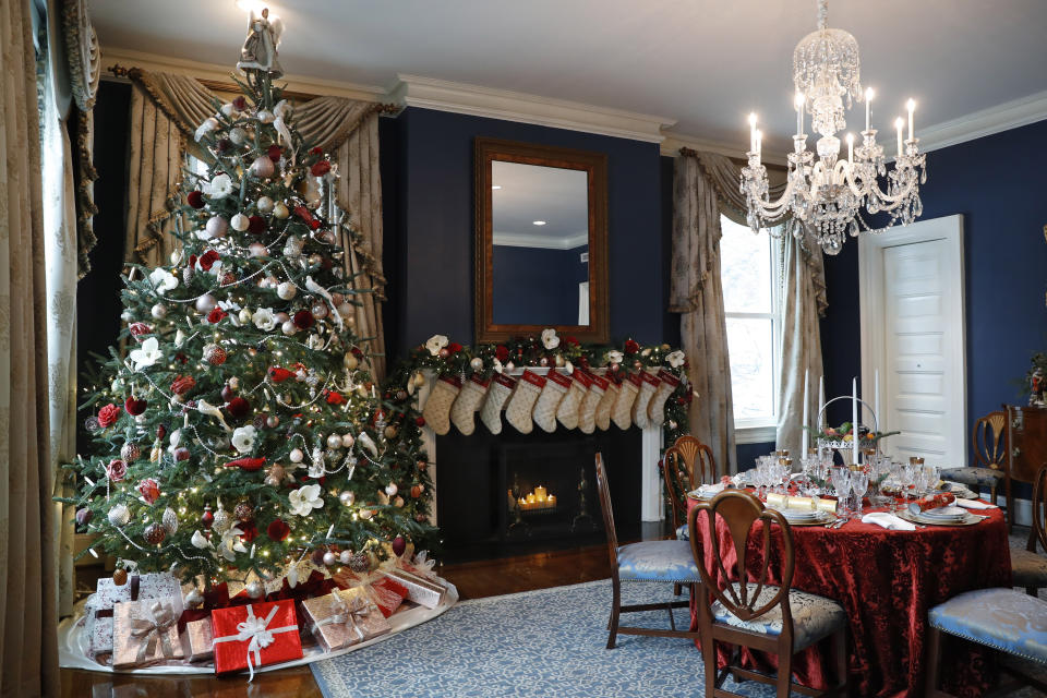 Christmas holiday decorations are seen at the Vice President's residence, Monday, Dec. 2, 2019, in Washington. (AP Photo/Jacquelyn Martin)