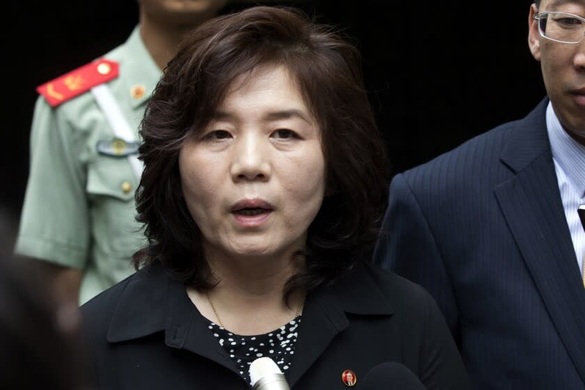 FILE -Choe Sun Hui, then deputy director general of the Department of U.S. Affairs of North Korea Foreign Ministry, briefs journalists outside the North Korean embassy in Beijing, China, on June 23, 2016. North Korea's state media said Thursday, July 14, 2022, that the country's foreign minister, Choe Sun Hui, sent letters to leaders in the breakaway regions of Donetsk and Luhansk a day earlier to convey the North's decision to recognize their independence and its willingness to develop diplomatic relations with both. (AP Photo/Andy Wong, File)