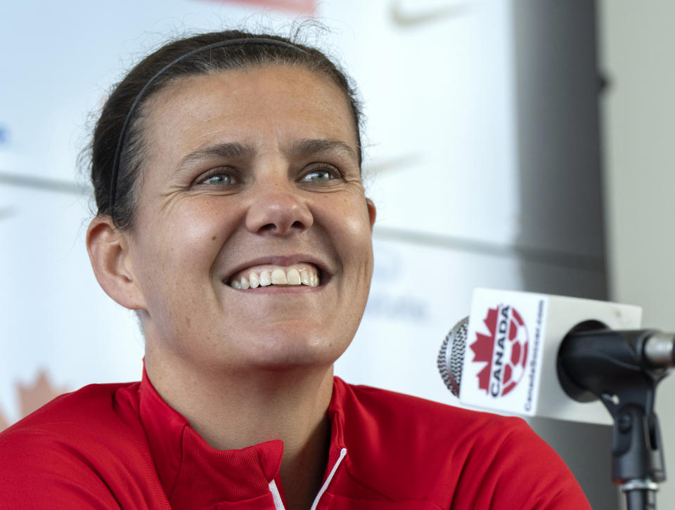 Canada's national women's soccer team captain Christine Sinclair speaks to the media for the first time since announcing her retirement, Thursday, Oct. 26, 2023, in Montreal. (Ryan Remiorz/The Canadian Press via AP)