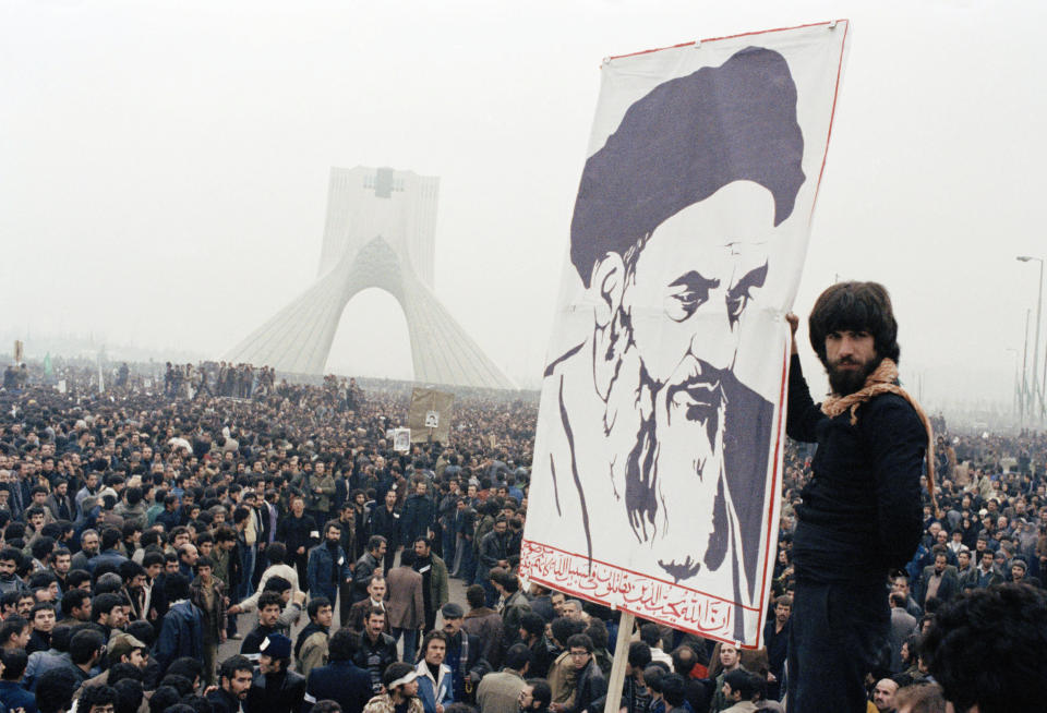 FILE - In this Oct. 9, 1978 file photo, Iranian protesters demonstrate against Shah Mohammad Reza Pahlavi in Tehran, Iran. (AP Photo/File)