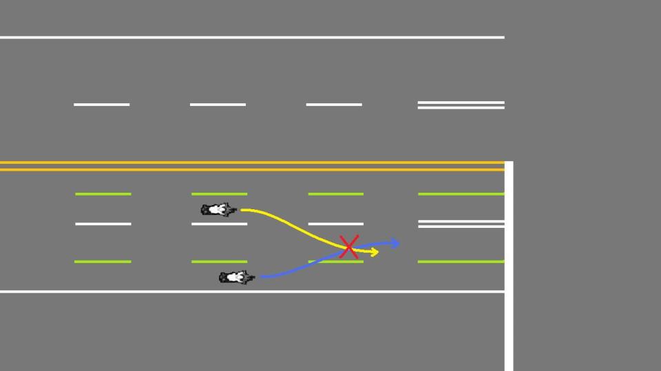 三車道以上的道路需轉頭確認再進行變換車道的動作。