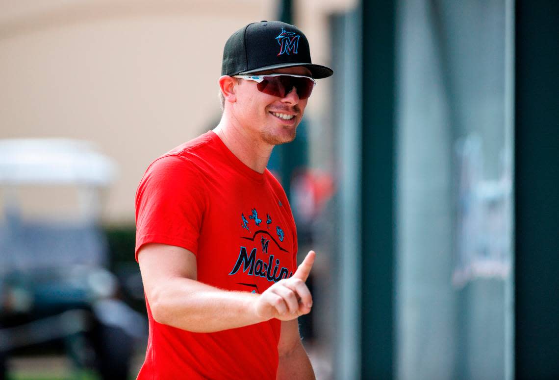 Miami Marlins first baseman Troy Johnston smiles during their spring training workout at Roger Dean Stadium on Tuesday, March 15, 2022 in Jupiter, FL.