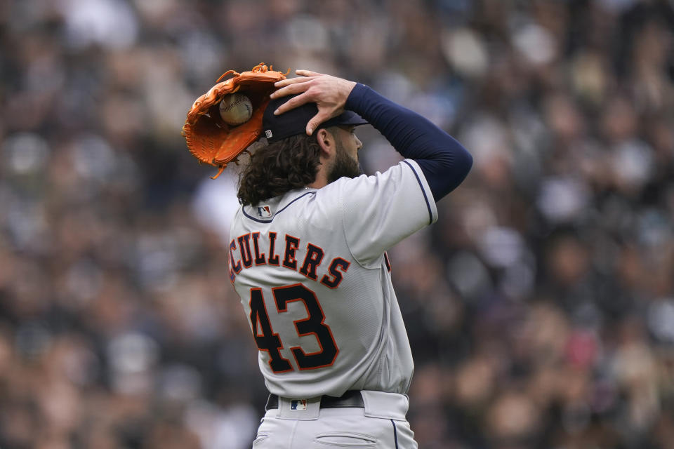 Houston Astros pitcher Lance McCullers Jr. reacts to a Chicago White Sox's Cesar Hernandez walk in the second inning during Game 4 of a baseball American League Division Series Tuesday, Oct. 12, 2021, in Chicago. (AP Photo/Nam Y. Huh)