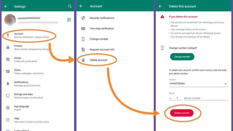 WhatsApp Delete account menu 