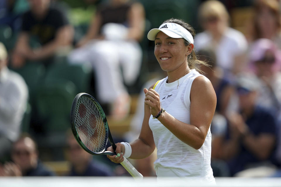 Jessica Pegula of the US celebrates after beating Britain's Harriet Dart in a second round women's single match on day four of the Wimbledon tennis championships in London, Thursday, June 30, 2022. (Zac Goodwin/PA via AP)