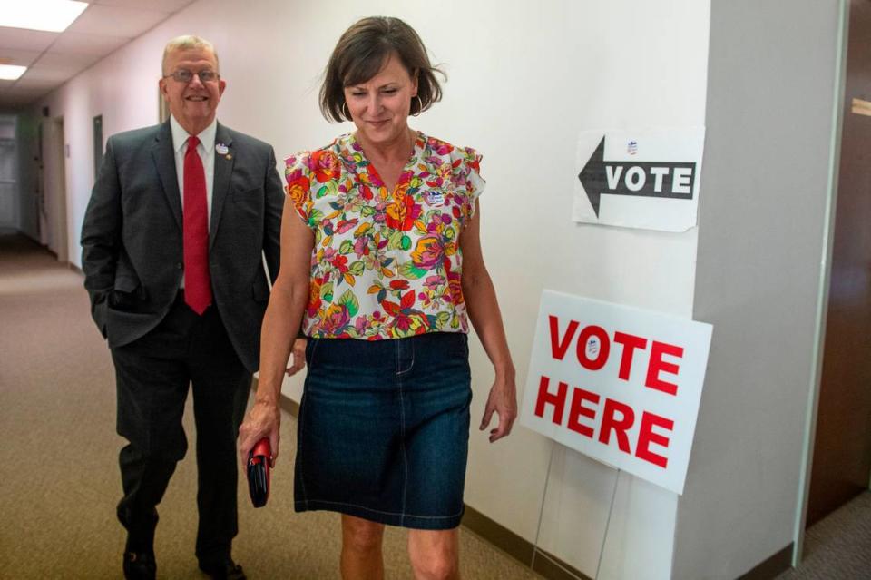 Jackson County Sheriff Mike Ezell and his wife Suzette walk out of First Presbyterian Church in Pascagoula after voting in a runoff primary election for Mississippi’s Fourth District Congressional seat, in which Ezell is a candidate, on Tuesday, June 28, 2022.
