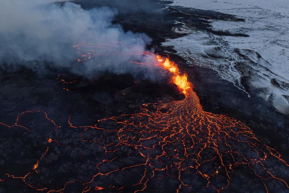 A close up of the Southern active segment of the original fissure of an active volcano in Grindavik on Iceland's Reykjanes Peninsula