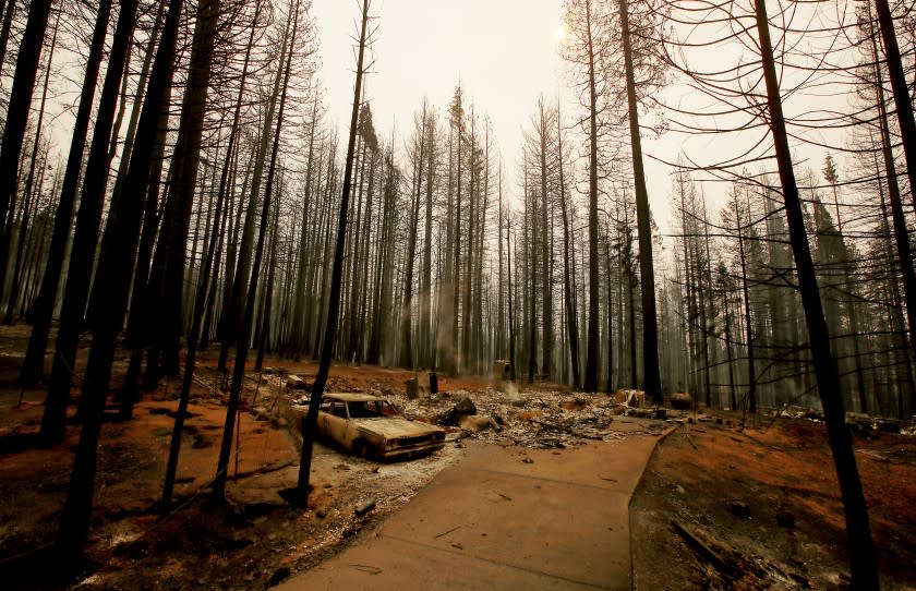 GRIZZLY FLATS CALIF. - AUG. 18, 2021. The Caldor Fire leaves a moonscape of burned forest, homes and vehicles in the unincorporated El Dorado community of Grizzly Flats on Wednesday, Aug. 18, 2021. (Luis Sinco / Los Angeles Times)