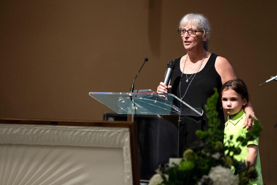 Chad Merrill's mother, Pearl Wise, speak about Merrill during Chad Merrill's funeral, Friday, July 27, 2018. Almost 200 people gathered in Valley View Alliance Church, in Hellam Township, to remember and celebrate the life of Merrill, who was shot dead on July 21 outside the Red Rose Restaurant and Lounge.