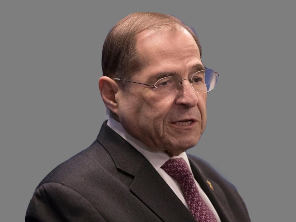 Jerrold Nadler headshot, as US Representative of New York and chair of the House Judiciary Committee, graphic element on gray