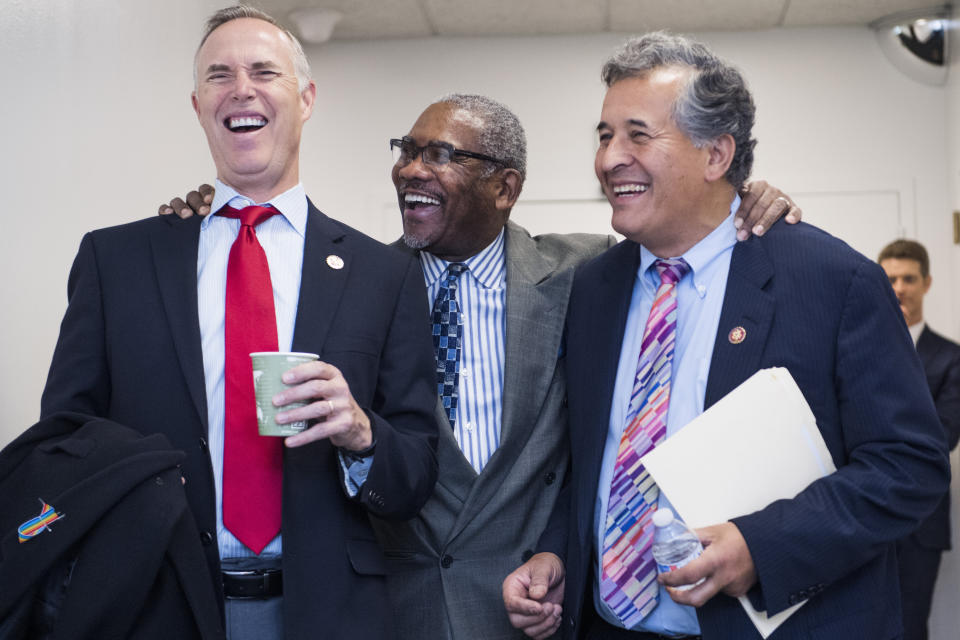 Democratic Rep. Gregory Meeks of New York (center), has less seniority on the House Foreign Affairs Committee than his rival, Rep. Brad Sherman (D-Calif.), in the brewing fight for the panel's chairmanship. But Meeks is more popular among colleagues and is seen as the favorite in the faceoff. (Photo: Tom Williams via Getty Images)
