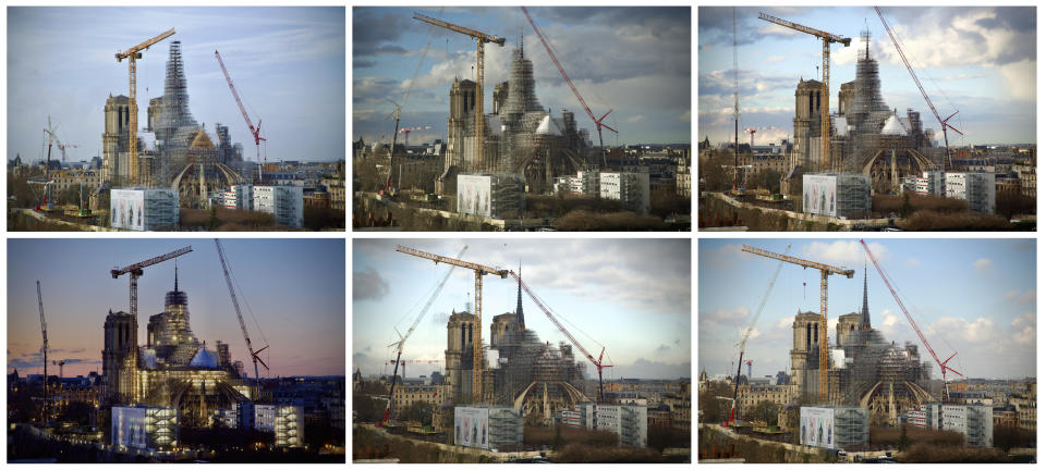 This combination photo shows, from top left, clockwise, the scaffolding around the Notre Dame de Paris cathedral spire being removed from Jan. 24, 2024 to March 6, 2024. Scaffolding has enshrouded Notre Dame Cathedral in Paris since a 2019 fire destroyed its spire and roof and threatened to collapse the whole medieval structure. After an unprecedented international reconstruction effort, the scaffolding is at last starting to peel away. (AP Photos captured from La Tour d'Argent restaurant/Alexander Turnbull)