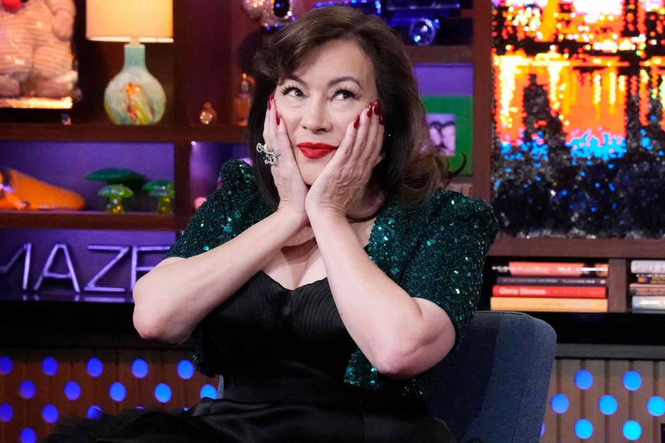 <p>Charles Sykes/Bravo via Getty </p> Jennifer Tilly on <em>Watch What Happens Live with Andy Cohen</em>