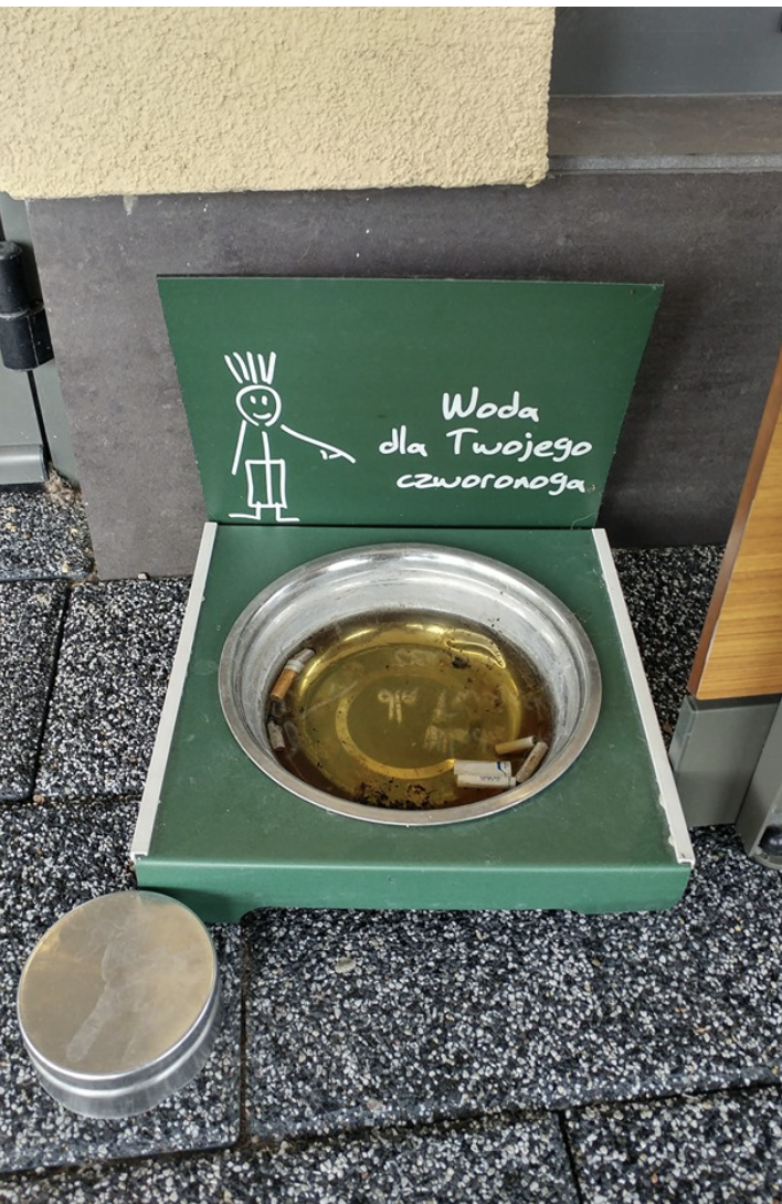 A water station bowl for pets littered with cigarettes and other trash and a sign featuring a pet icon; sign in Polish indicates "water for your pet"