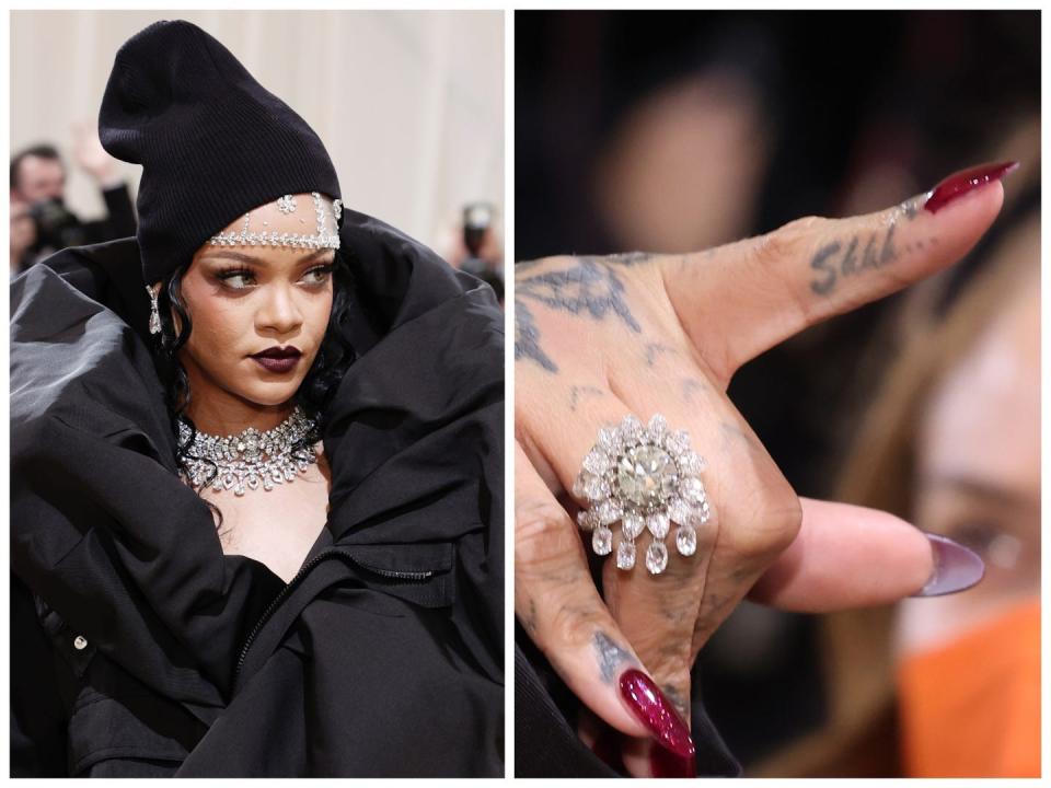 Collage of Rihanna and her finger tattoo.