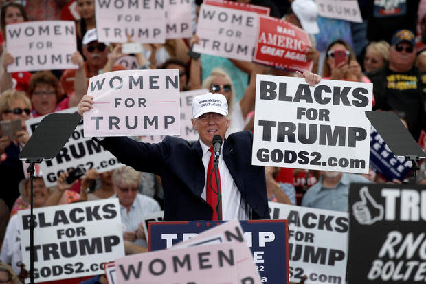 Republican U.S. presidential nominee Donald Trump holds up signs at the end of a campaign rally in Lakeland, Florida, U.S., October 12, 2016.   REUTERS/Mike Segar     TPX IMAGES OF THE DAY      - RTSRZSQ