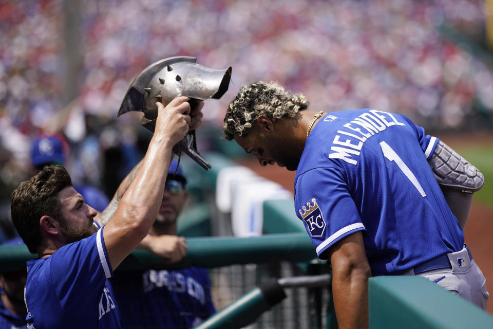 Kansas City Royals' MJ Melendez, right, and Kyle Isbel celebrate after Melendez's home run during the second inning of a baseball game against the Philadelphia Phillies, Sunday, Aug. 6, 2023, in Philadelphia. (AP Photo/Matt Slocum)