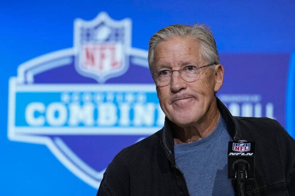 Seahawks coach Pete Carroll speaking at a press conference inside the Indiana Convention Center Tuesday, Feb. 28, 2023, at annual NFL scouting combine. Michael Conroy/Associated Press