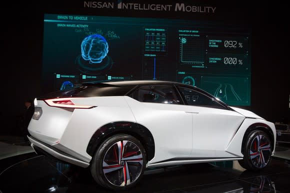 The Nissan IMx all-electric and self-driving crossover, on display at CES 2018. The car is white with black, gray and red rims.