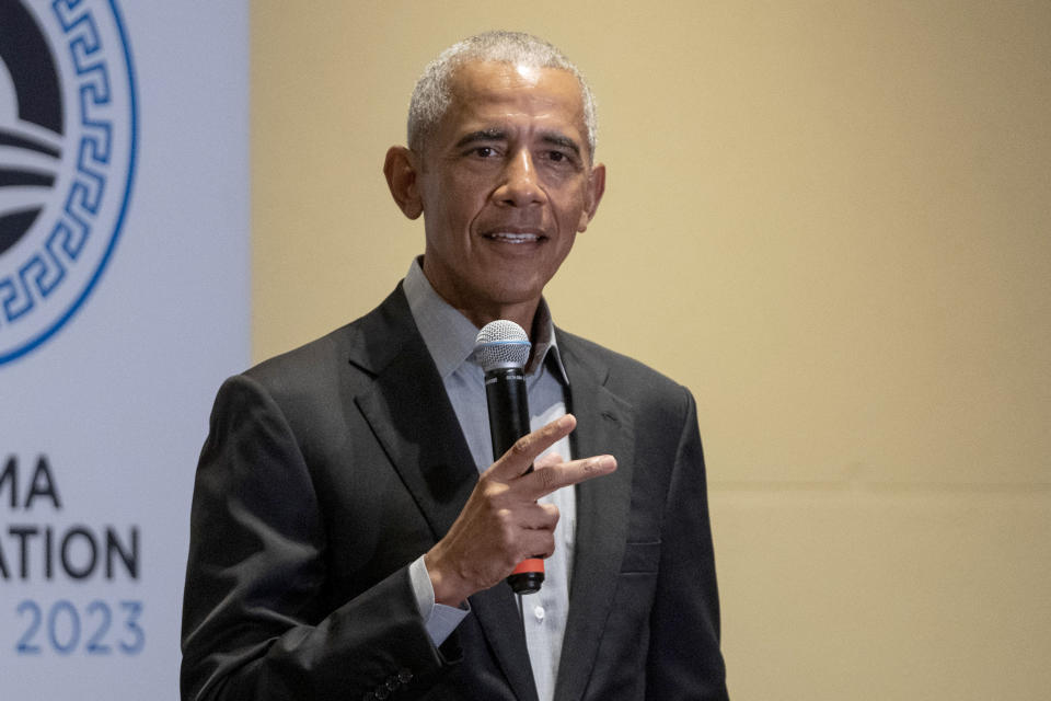 FILE - Former President Barack Obama speaks to the members of the Obama Foundation's leadership program in Athens, Greece, June 21, 2023. Obama and former President Bill Clinton will join President Joe Biden on Thursday, March 28, 2024, in New York City for a one-of-a-kind Democratic extravaganza that's expected to expand the party's already significant cash advantage over Republicans this year. The event will be moderated by Stephen Colbert. (AP Photo/Petros Giannakouris, File)