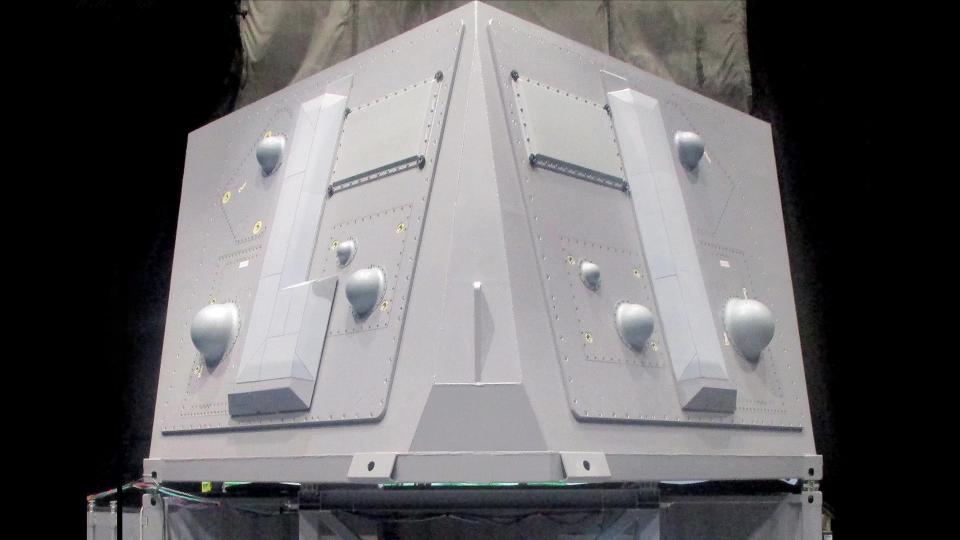 A developmental SEWIP Block III module on a test rig on the ground. The system's installation on<em> Arleigh Burke</em> class destroyers includes one modules on either side of the main superstructure. <em>Northrop Grumman</em>