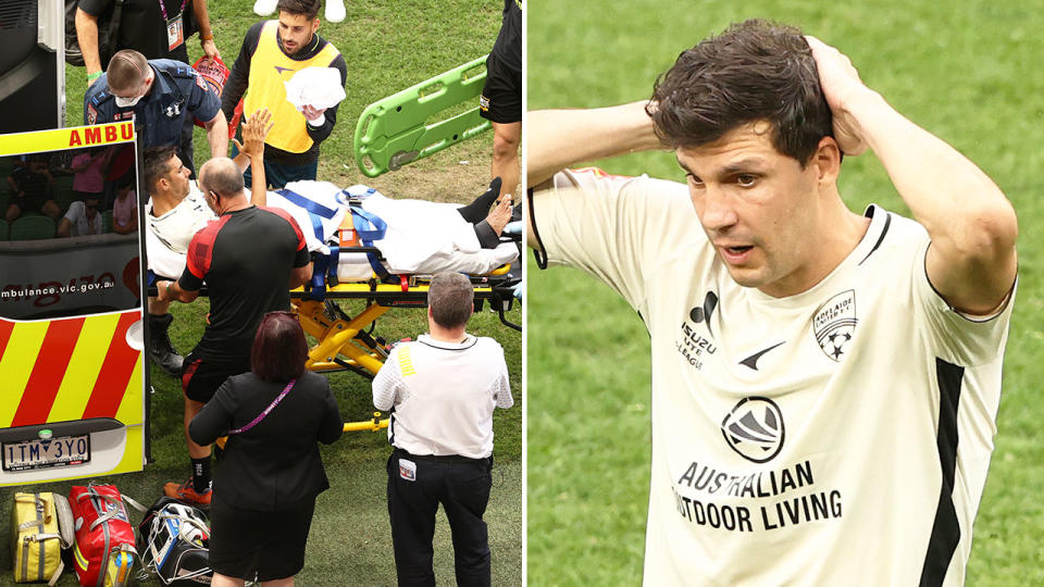 Players were in shock as Adelaide star Juande was taken off in an ambulance after a horror leg break in his side's A-League game against Melbourne City. Pic: Getty