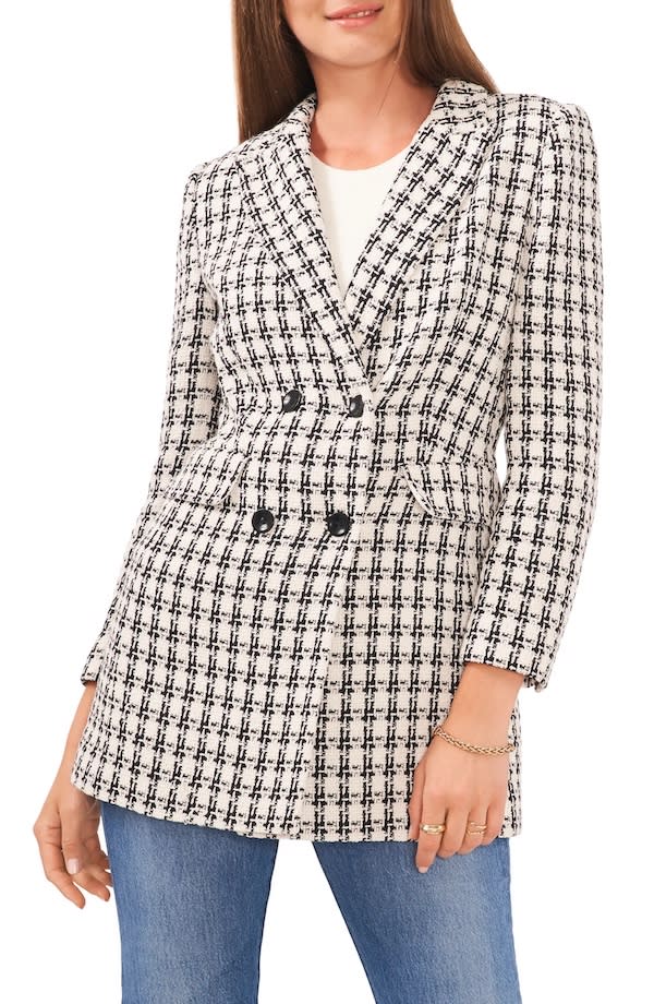 Vince Camuto Check Cotton Tweed Longline Blazer