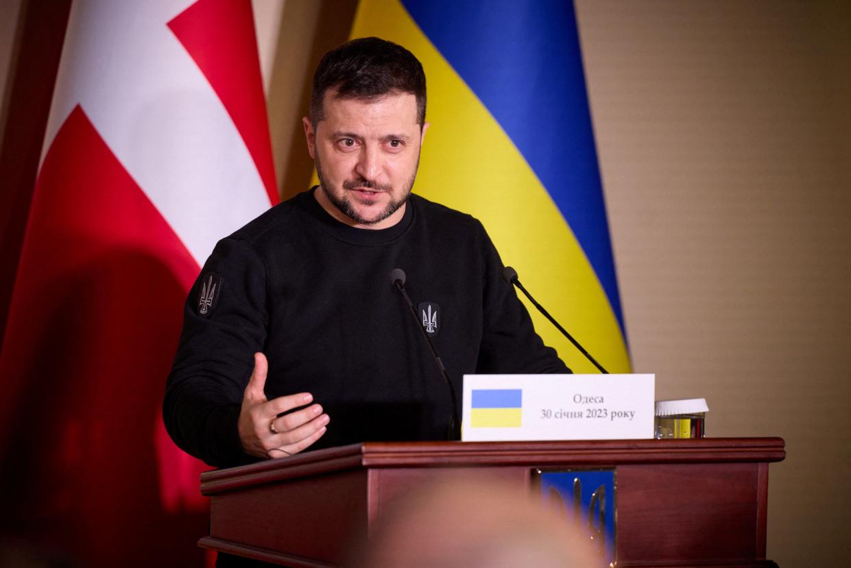 Zelensky at a news briefing in Odesa on Monday (Reuters)