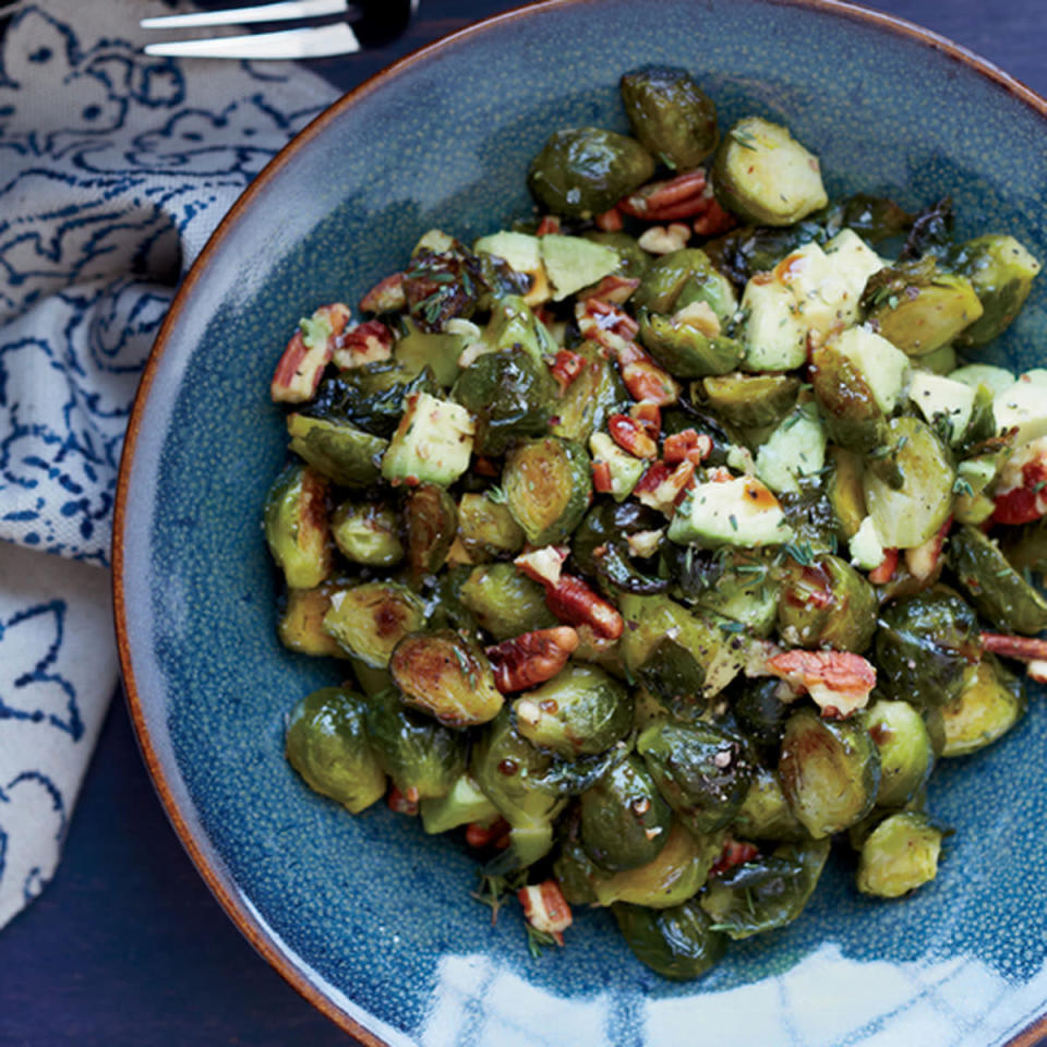 Roasted Brussels Sprouts with Toasted Pecans and Avocado   