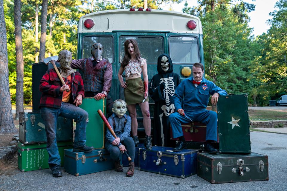 A "family" photo for the "Fear Street" villains includes (from left) the Camp Nightwing Killer, The Grifter, Billy Barker, Ruby Lane, Skull Mask and The Milkman.