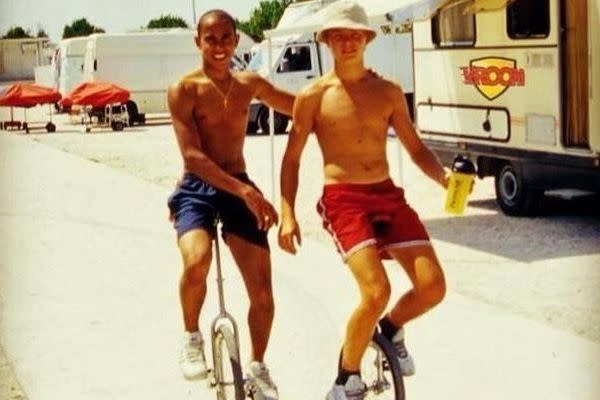 A young Nico and Lewis cruising the streets on their unicycles