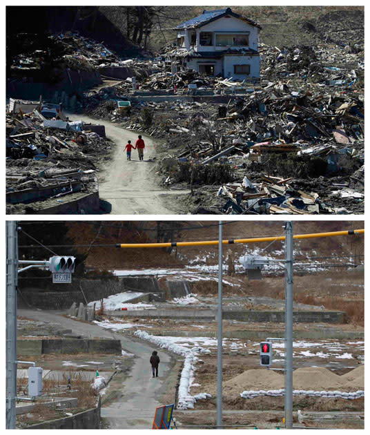 A combination photograph shows the same location in Miyako, Iwate prefecture, northeastern Japan on two different dates, April 5, 2011 (top) and February 17, 2012 (bottom). The top photograph shows people walking in an area damaged by the magnitude 9.0 earthquake and tsunami, the bottom photograph shows the same location almost a year later. REUTERS/Toru Hanai