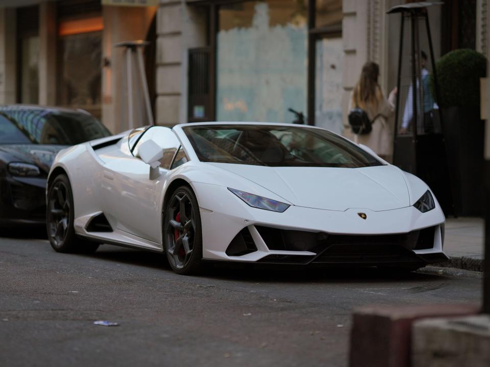 View of a parked Lamborghini Evo in white,