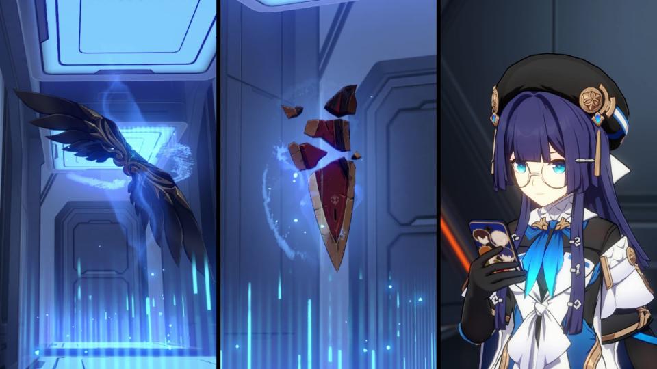 From left to right: The Wind Glider from Genshin Impact, Himeko's broken greatsword from Honkai Impact 3rd, and Pela's Tears of Themis-themed phone case. (Photos: HoYoverse)