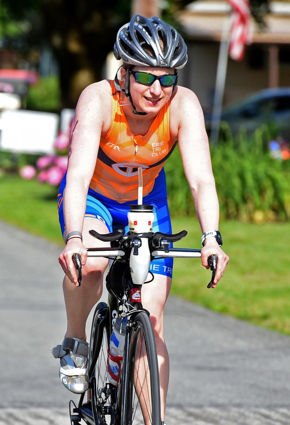 Desiree Terella of Fairview Township, here competing in the cycling leg of the 2021 Edinboro Triathlon, is the women's overall leader going into Sunday's final leg of the 2021-22 Highmark Quad Games. A five-mile cross country ski race is scheduled to start at 10 a.m. at Wilderness Lodge in Wattsburg.