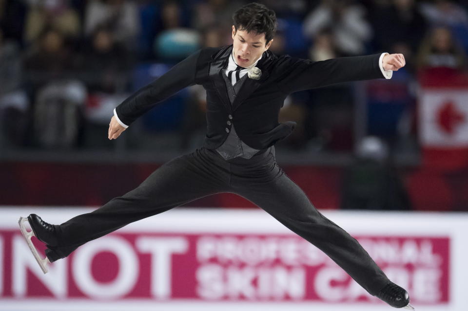Keegan Messing, of Canada, performs during the men's free skate at figure skating's Grand Prix Final in Vancouver, British Columbia, Friday, Dec. 7, 2018. (Jonathan Hayward/The Canadian Press via AP)