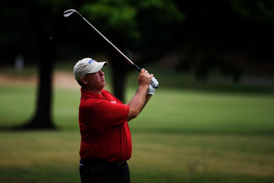 Professional golfer Boo Weekley watches the ball after teeing off on the ninth hole during the BMW Charity Pro-Am at Thornblade Club Thursday, June 6, 2019.