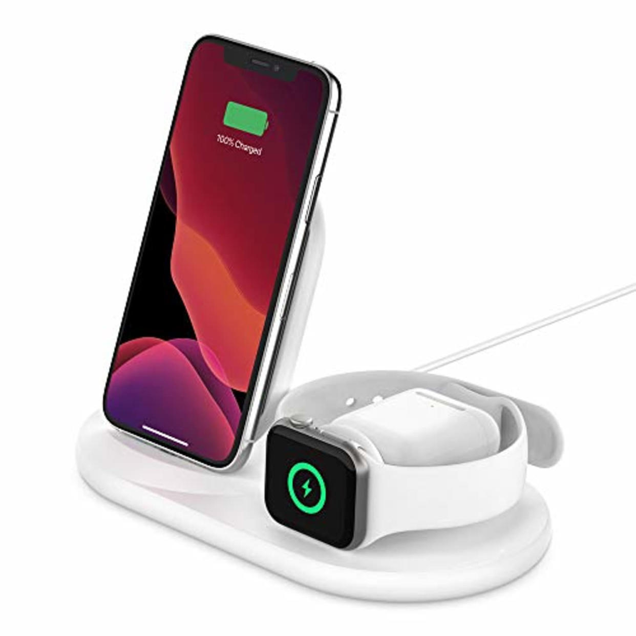 Belkin 3-in-1 Fast wireless charging Stand for iphone, Apple Watch & AirPods - iphone Case Compatible Qi Charger - charging Station For Multiple Devices - White (AMAZON)