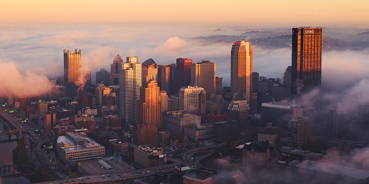 high angle view of chicago city skyline at dusk