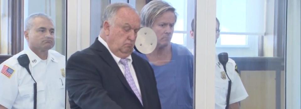 Richard Hanson, right, of Newton, at his Newton District Court arraignment last July. He is charged with killing his wife, Nancy, one of 19 domestic violence homicides in the state that occurred in 2023, according to Jane Doe Inc.